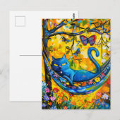Gemalte Katze in Hängematte unter Bäumen mit Schme Postkarte (Vorne/Hinten)