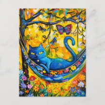 Gemalte Katze in Hängematte unter Bäumen mit Schme