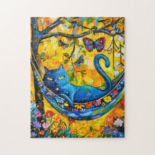 Gemalte Katze in Hängematte unter Bäumen mit Schme Puzzle