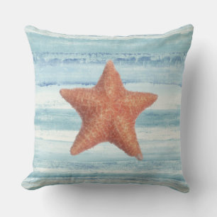 Gemalte Starfish auf blauen Aquarell-Streifen Kissen