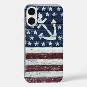 Gemalte USA-Flagge und Anker auf Holz iPhone 16 Hülle