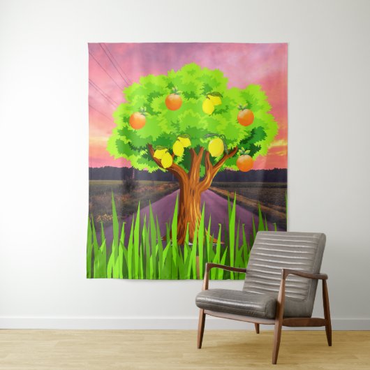 Gemalte Zitronen und Orangenbäume - Abstrakter Bau Wandteppich (Beispiel)