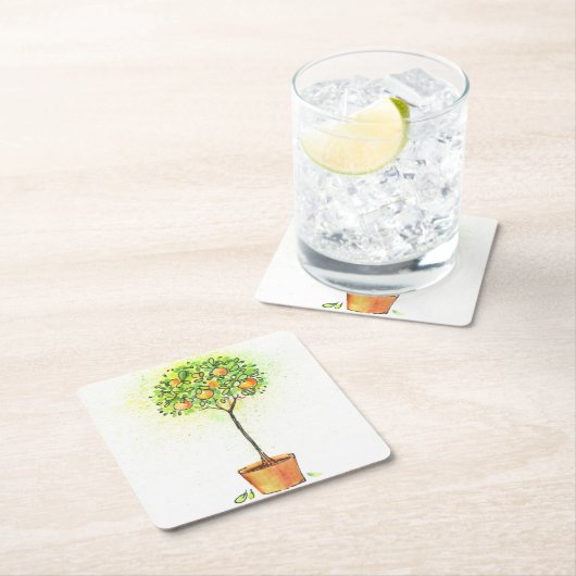 Gemalter Aquarellzitrusfruchtbaum im Topf Rechteckiger Pappuntersetzer (Vor Ort)