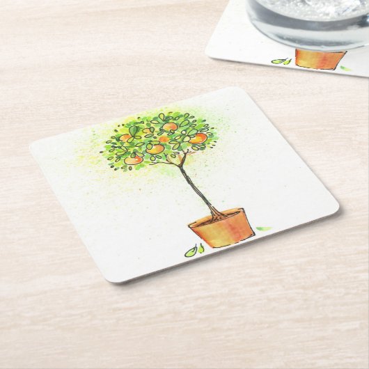 Gemalter Aquarellzitrusfruchtbaum im Topf Rechteckiger Pappuntersetzer (angewinkelt)