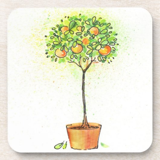 Gemalter Aquarellzitrusfruchtbaum im Topf Untersetzer (Vorderseite)