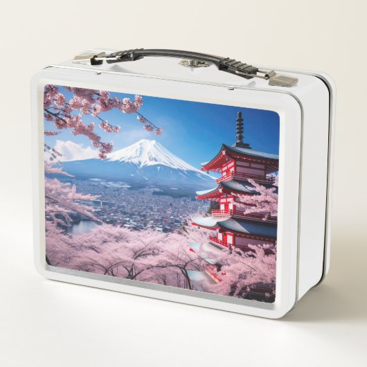 Gemalter Fuji-Berg in Kirschblütensaison Metall Brotdose (Rückseite)