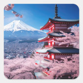 Gemalter Fuji-Berg in Kirschblütensaison Quadratischer Aufkleber (Vorderseite)