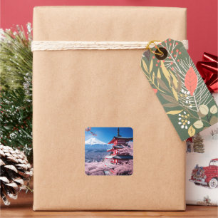 Gemalter Fuji-Berg in Kirschblütensaison Quadratischer Aufkleber