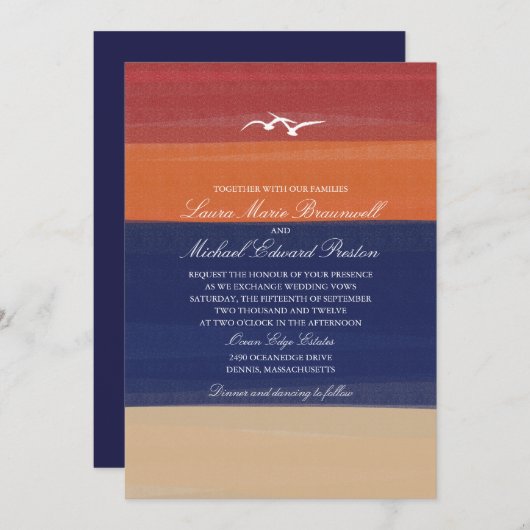 Gemalter Herbst-Sand, Meer u. Seemöwen Wedding | Einladung (Vorne/Hinten)