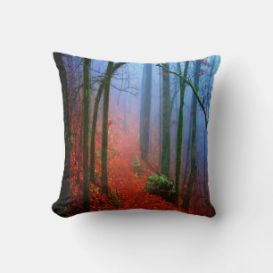 Gemalter Herbstwald Blaue Nebel Quadratkissen Kissen