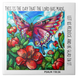 Gemalter Schmetterling und Blume mit Vers Psalm 11 Fliese