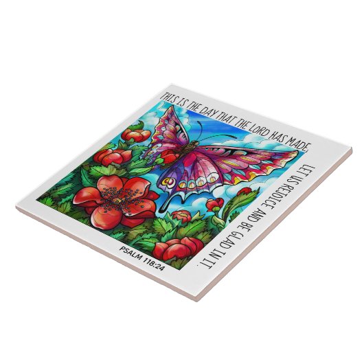 Gemalter Schmetterling und Blume mit Vers Psalm 11 Fliese (Seite)