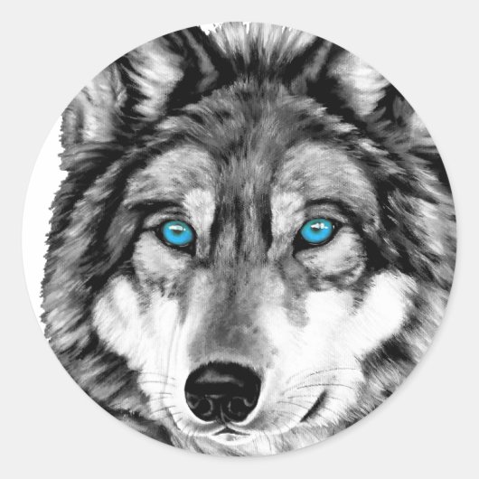 Gemalter Wolf Graustufen Blaue Augen Runder Aufkleber (Vorderseite)