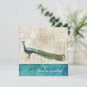 Gemaltes Pfau-Meerblaues u. weißes Vintages Einladung (Stehend Vorderseite)