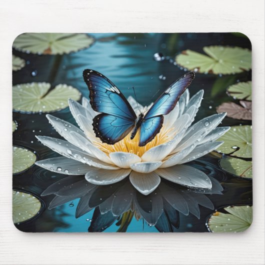 Gemeiner Morpho-Schmetterling auf einer Wasserlili Mousepad (Vorne)