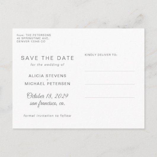 Gemeinsam besser graue Hochzeitsschrift rett Datum Ankündigungspostkarte (Rückseite)