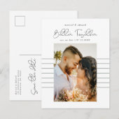 Gemeinsam | Modern Script Foto Rett Date Ankündigungspostkarte (Vorne/Hinten)