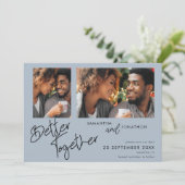 Gemeinsam zwei Foto Dusty Blue Save the Date (Stehend Vorderseite)