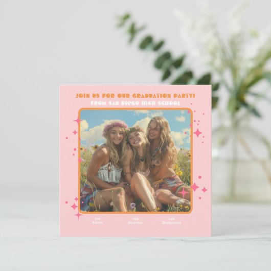 Gemeinsame Hippie-Foto-Graduierungspartei 3 Person Einladung (Stehend Vorderseite)