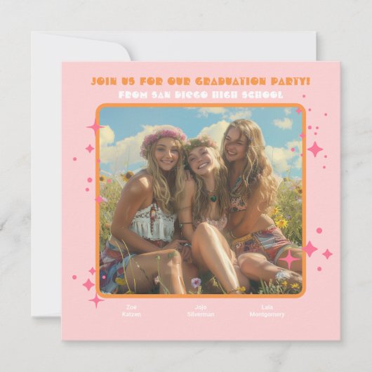 Gemeinsame Hippie-Foto-Graduierungspartei 3 Person Einladung (Vorderseite)