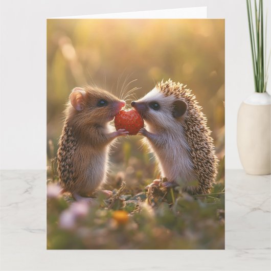Gemeinsame Nutzung einer Erdbeere - Adorable Igel Karte (Vorderseite)