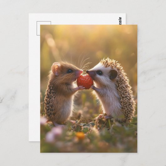 Gemeinsame Nutzung einer Erdbeere - Adorable Igel Postkarte (Vorne/Hinten)