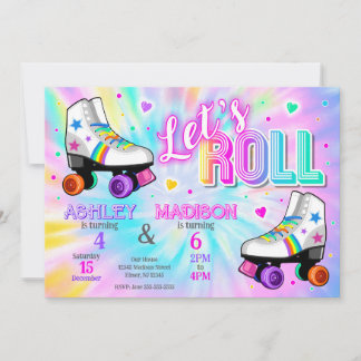 Gemeinsame Rollschuh-Geburtstagsfeier Tie Dye Einladung