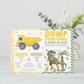 Gemeinsamer Dinosaurier- und Baustellen-Geburtstag Einladung (Stehend Vorderseite)