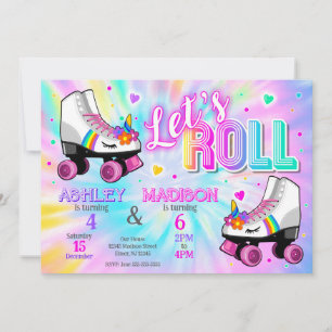 Gemeinsamer Einhorn-Rollschuh-Tie-Dye-Geburtstag Einladung