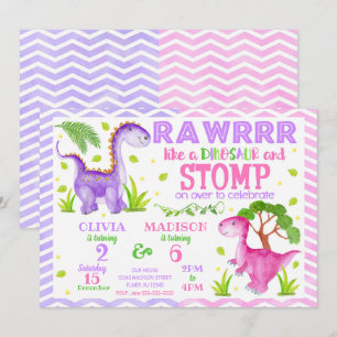 Gemeinsamer Geburtstag von Mädchen-Dinosaurier-Ges Einladung