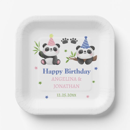 Gemeinsamer Geburtstag von Panda-Junge und -Mädche Pappteller (Vorderseite)