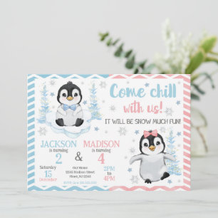 Gemeinsamer Winter-Geburtstag süßer Pinguine Einladung
