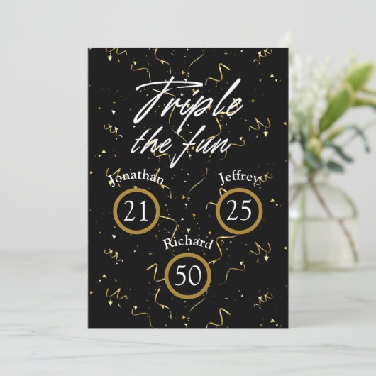 Gemeinsames Geburtstagtriple Der Spaß Einladung (Stehend Vorderseite)