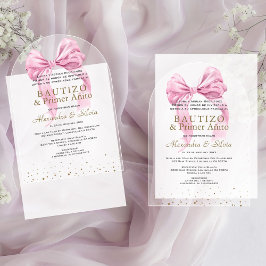 Gemelas Hijas Lazo Rosa Primer Añito Bautizo Acryleinladungen