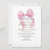 Gemelas Hijas Lazo Rosa Primer Añito Bautizo Einladung (Vorderseite)