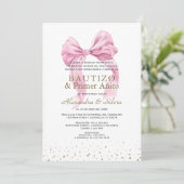 Gemelas Hijas Lazo Rosa Primer Añito Bautizo Einladung (Stehend Vorderseite)