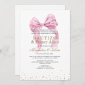 Gemelas Hijas Lazo Rosa Primer Añito Bautizo Einladung (Vorne/Hinten)