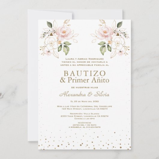 Gemelas Hijas Pink Blume Primer Añito Bautizo Einladung (Vorderseite)