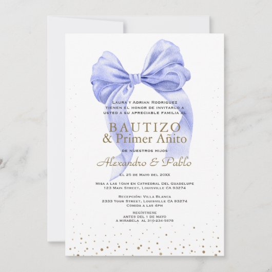 Gemelos Blue Bow Hijos Primer Añito Bautizo Einladung (Vorderseite)