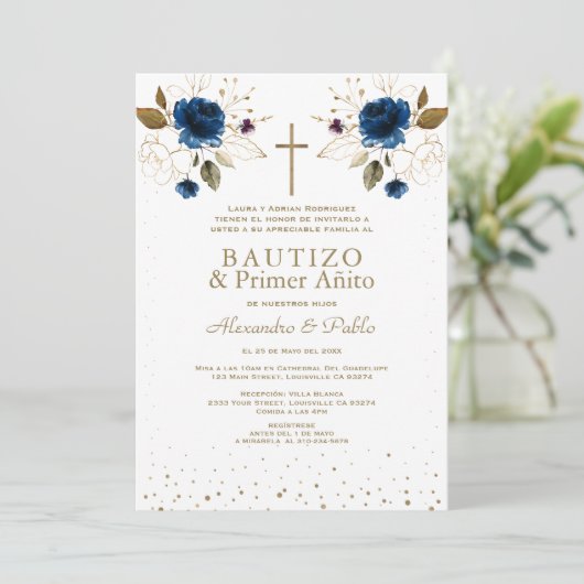 Gemelos Blue Flowers Hijos Primer Añito Bautizo Einladung (Stehend Vorderseite)