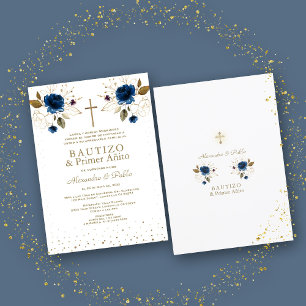 Gemelos Blue Flowers Hijos Primer Añito Bautizo Einladung