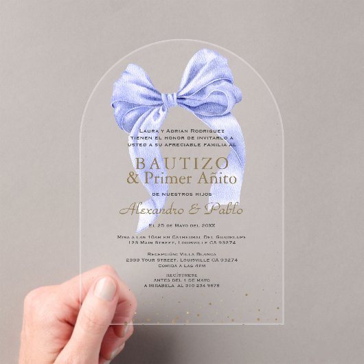 Gemelos Hijos Blue Bow Primer Añito Bautizo Acryleinladungen (Insitu (Handheld))