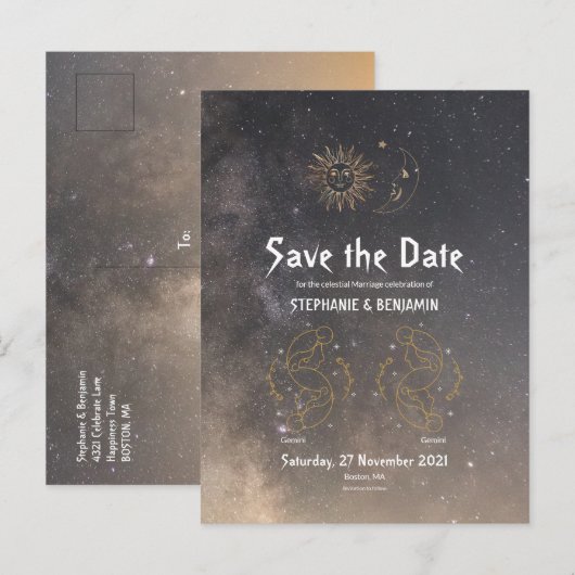 Gemini Celestial Typografie Zodiac Glitzer Cool Ankündigungspostkarte (Vorne/Hinten)