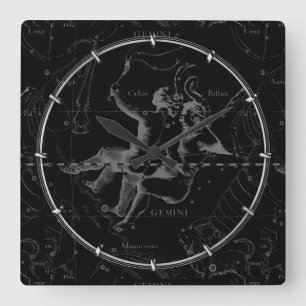 Gemini Constellation Map Hevelius 1690 on Black Quadratische Wanduhr