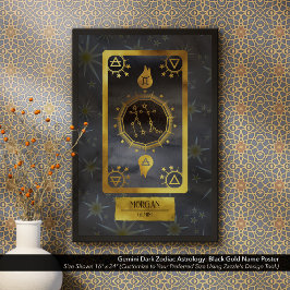 Gemini Dark Zodiac Astrologie: Schwarzer Goldname Poster