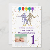 Gemini Erstgeburtstag Gold, Balloons und Foto Einladung (Vorderseite)