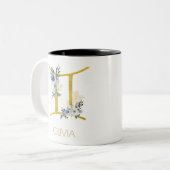 Gemini Name Blue & Gold Floral Zweifarbige Tasse (Vorderseite Links)