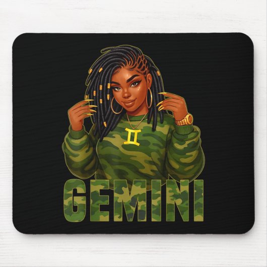 Gemini Queen Loc'd Black Woman Camo Zodiac Sign Mousepad (Vorne)