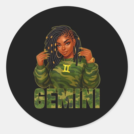 Gemini Queen Loc'd Black Woman Camo Zodiac Sign Runder Aufkleber (Vorderseite)