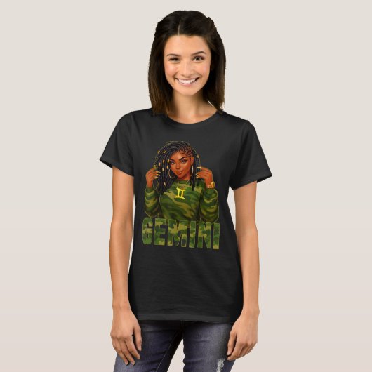 Gemini Queen Loc'd Black Woman Camo Zodiac Sign  T-Shirt (Vorne ganz)